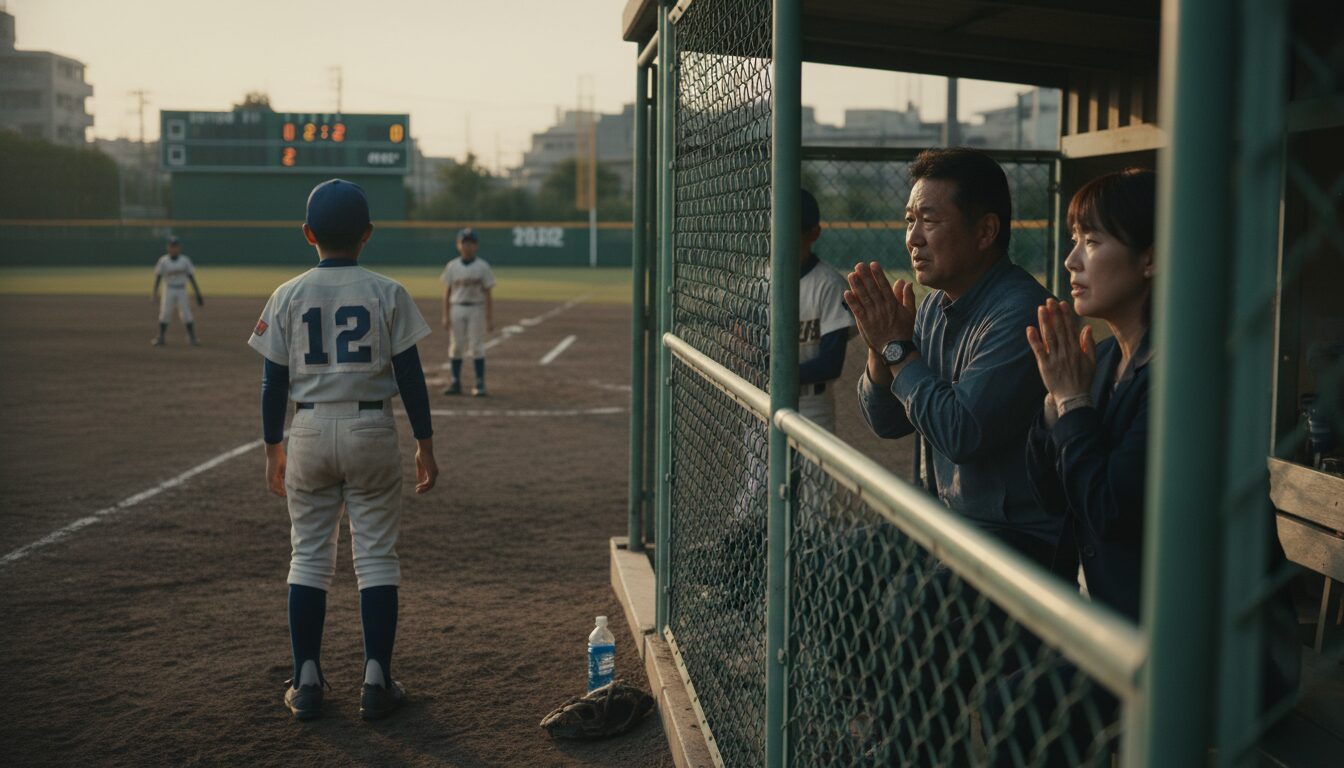 【延長戦の心理学】極限状態の我が子を救う！少年野球パパのメンタルサポート術とNGワードをイメージした親子の野球シーン (生成AIによるイメージ)