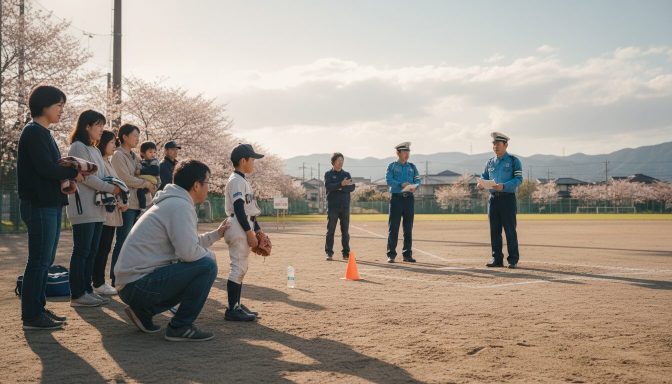 警察の初動訓練ニュースから学ぶ、少年野球グラウンドの「まさか」への備えを表現した本文前半のイメージ (生成AIによるイメージ)