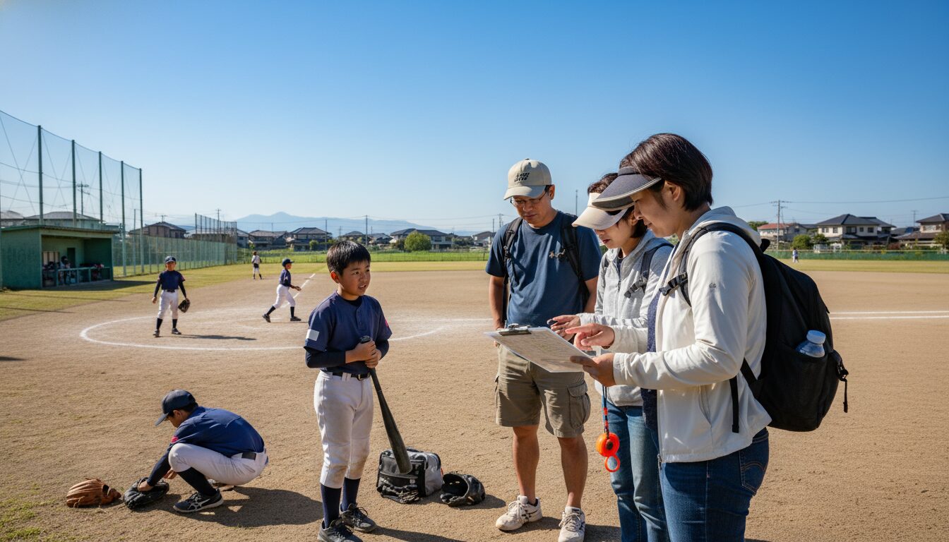 災害時の初動訓練を少年野球の現場へ！もしもの時に子供を守るための「グラウンド防災」チェックリストをイメージした親子の野球シーン (生成AIによるイメージ)