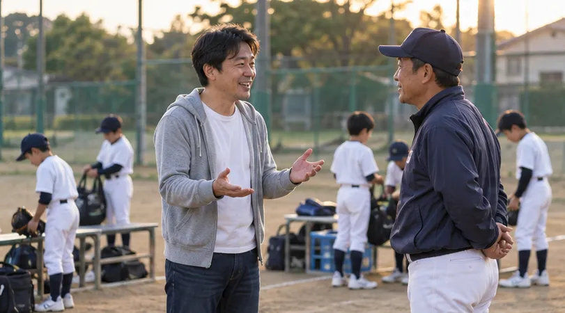 少年野球のグラウンド脇で保護者とコーチが穏やかに話す場面（生成AIによるイメージ）