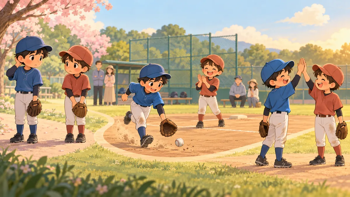 緊張していた日台の子どもが、全力プレーを経て笑顔でハイタッチする流れ(生成AIによるイメージ)