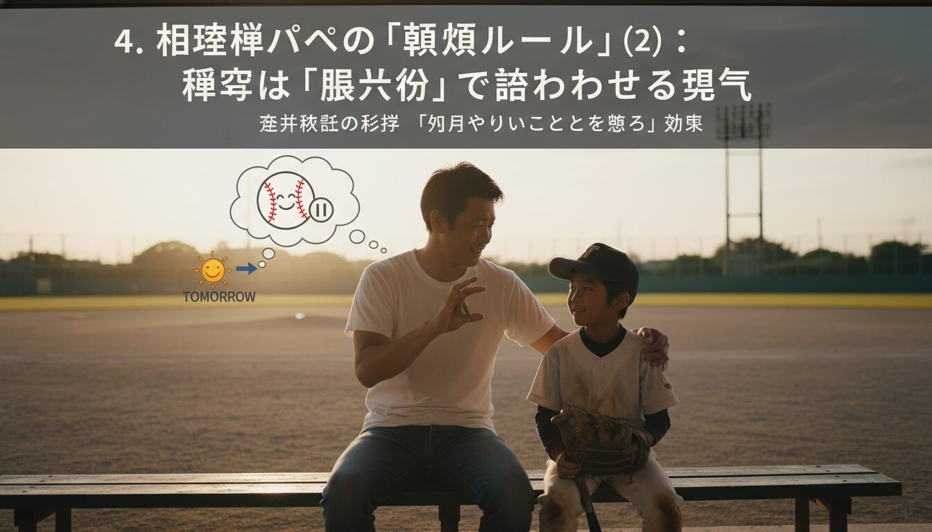 4. 未経験パパの「翻訳ルール」②：練習は『腹八分』で終わらせる勇気を表現した本文中盤のイメージ (生成AIによるイメージ)