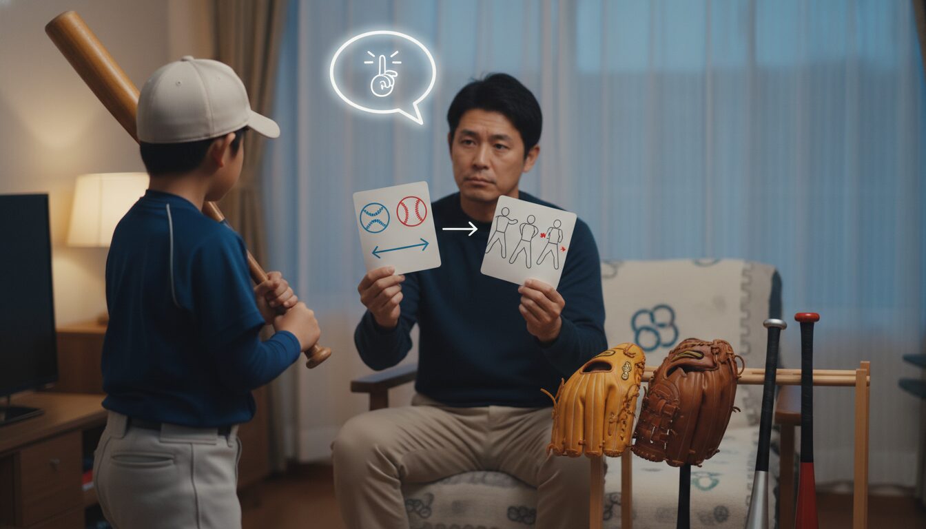 広島「浅井打撃塾」に学ぶ！軟式から硬式への壁を越える未経験パパの『翻訳』サポート術をイメージした親子の野球シーン (生成AIによるイメージ)