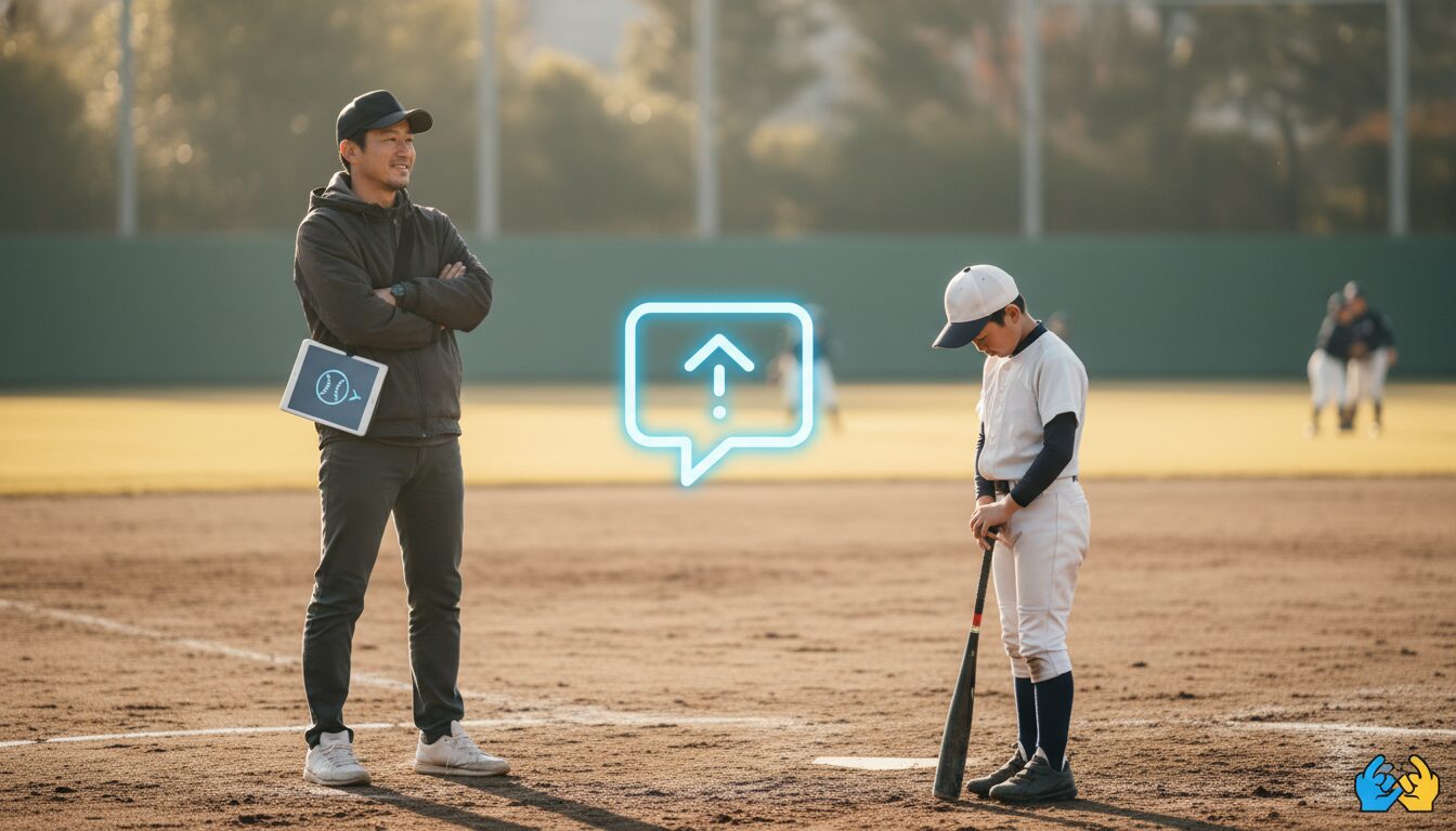 「プロの裏側」が子供を変える？DeNAファーム体験ツアーに学ぶ、未経験パパの視野を広げる声かけ術をイメージした親子の野球シーン (生成AIによるイメージ)