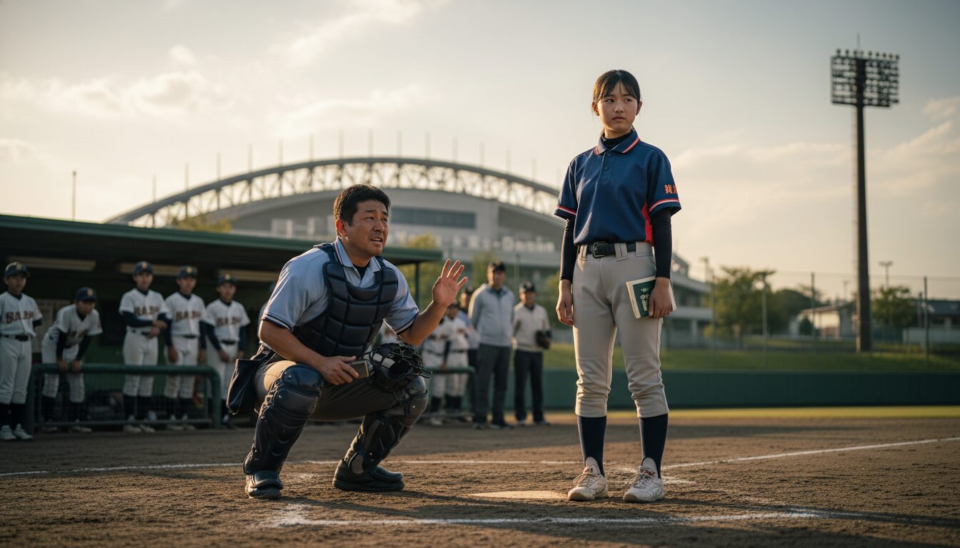 甲子園に女性審判が登場！少年野球の「パパ審判」が多様性から学ぶべき新しい視点と教育的価値をイメージした親子の野球シーン (生成AIによるイメージ)