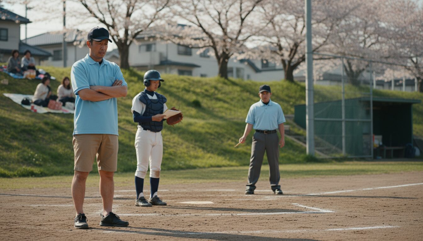 春の高校野球に吹く『新しい風』。北見北斗高・横井さんの高校生審判ニュースから考える、少年野球パパの「威厳」と「子供への敬意」をイメージした親子の野球シーン (生成AIによるイメージ)