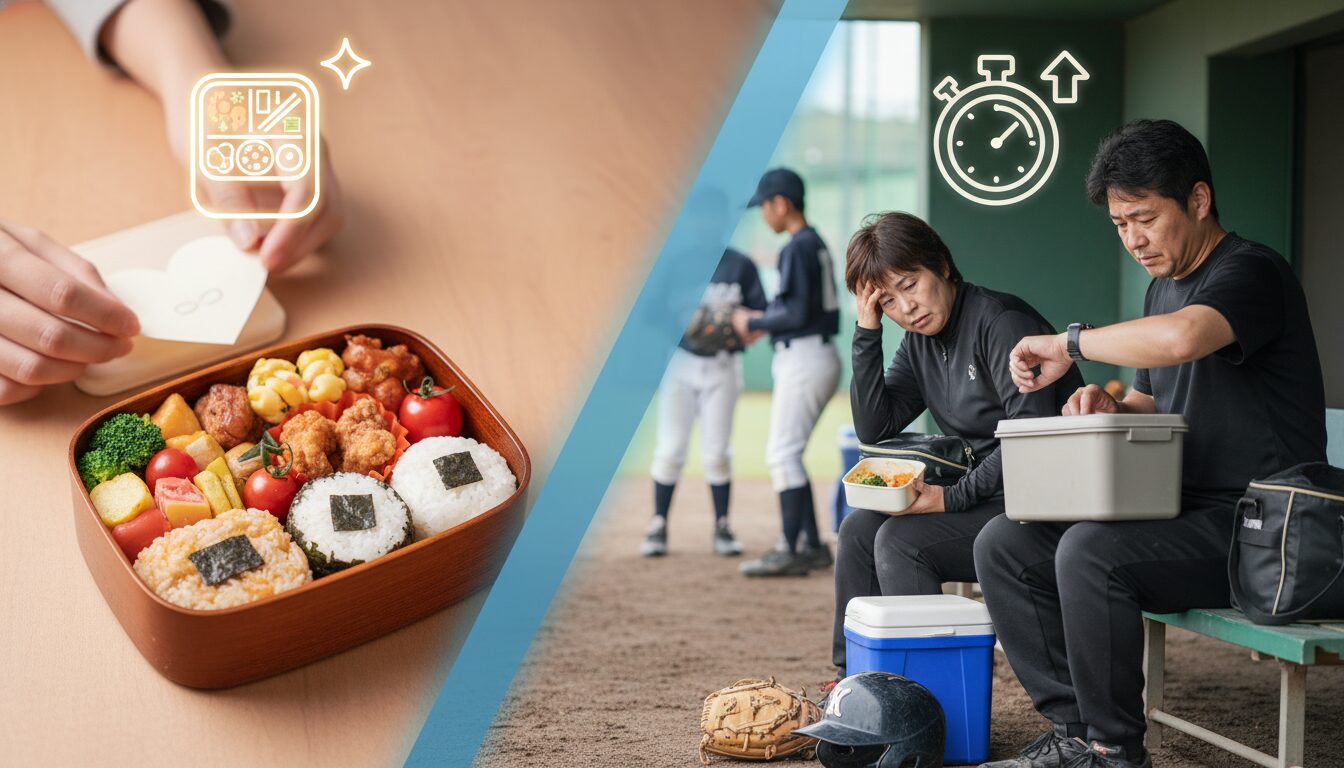 芸能人の「ドカ食い弁当」ニュースと、グラウンドの現実を表現した本文前半のイメージ (生成AIによるイメージ)