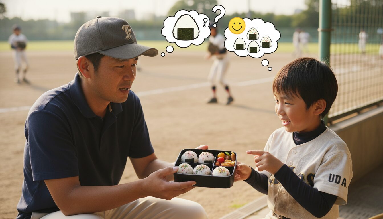 週末のグラウンドですぐ使える!パパが主導する「食べやすさ」の工夫を表現した本文中盤のイメージ (生成AIによるイメージ)