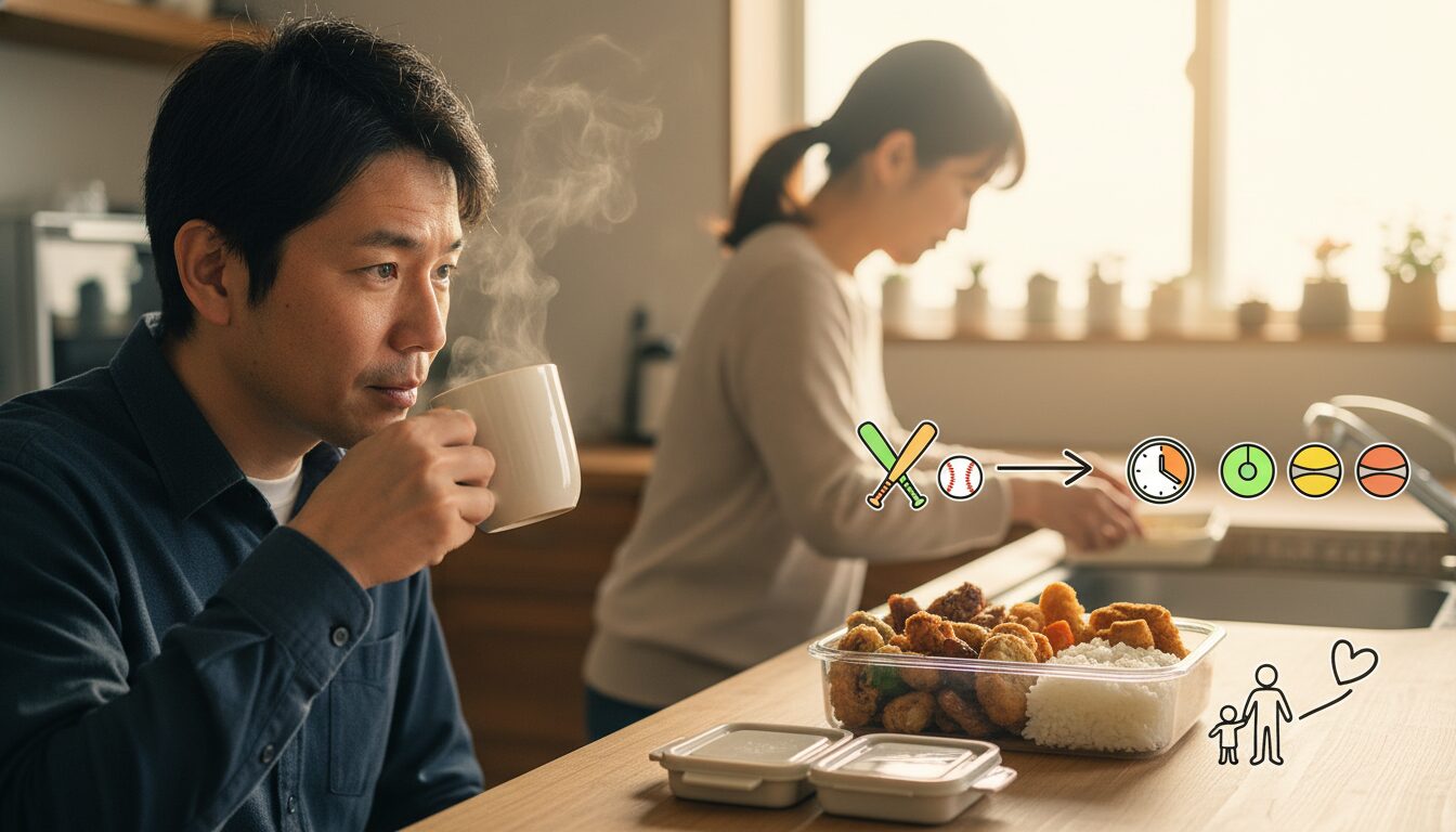 小倉優子さんの「中2野球部弁当」に学ぶ！少食の我が子をバテさせない未経験パパの『分食』サポート術をイメージした親子の野球シーン (生成AIによるイメージ)