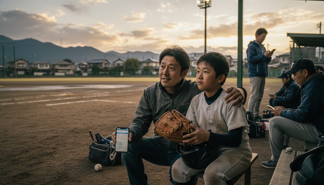 中学部活が消える？奈良の「企業主導クラブ」から未経験パパが考える、持続可能なチーム選びと親の負担をイメージした親子の野球シーン (生成AIによるイメージ)