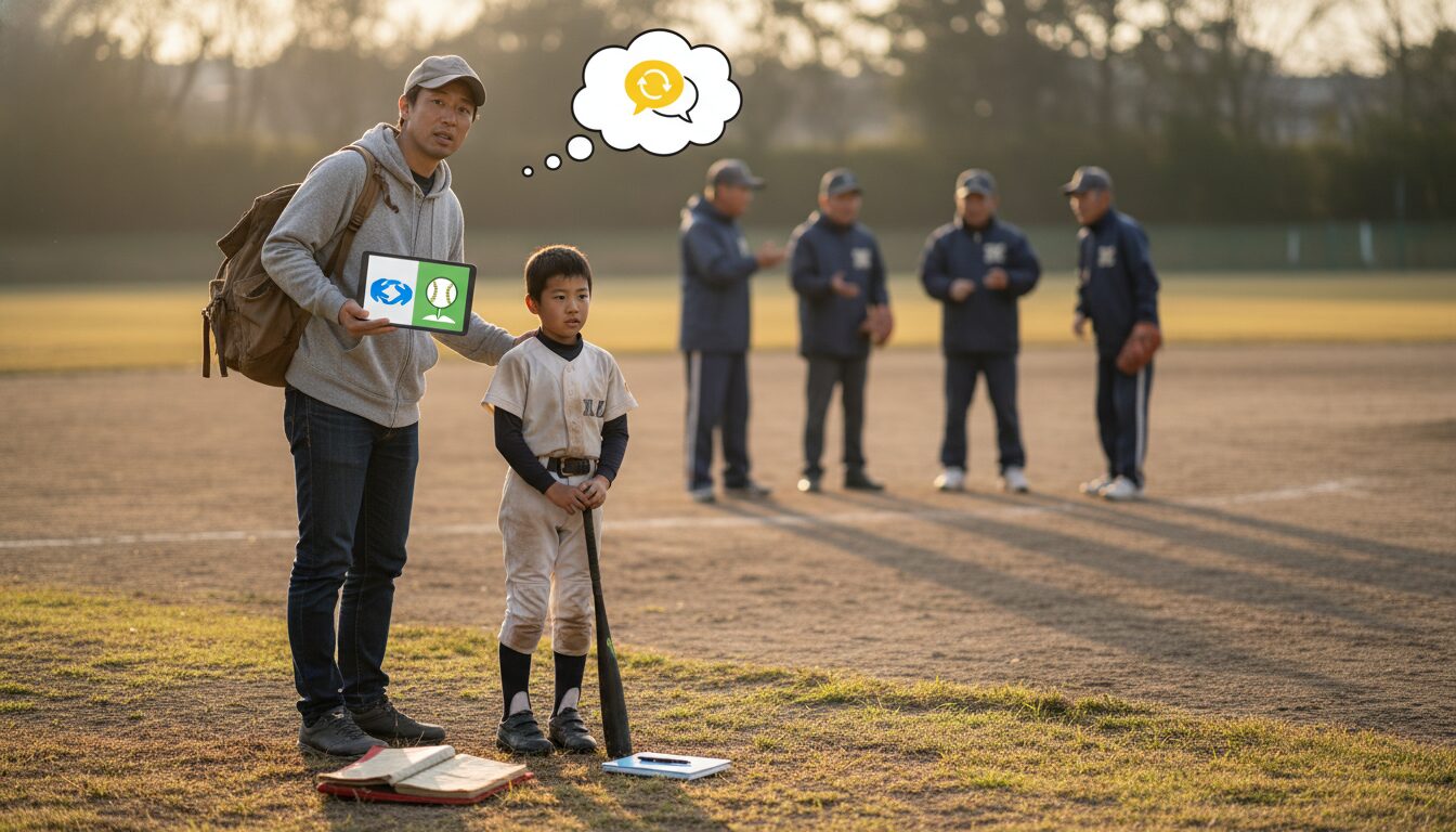 慶応監督の提言に学ぶ！少年野球の「古い慣習」を角を立てずに変える未経験パパの対話術をイメージした親子の野球シーン (生成AIによるイメージ)