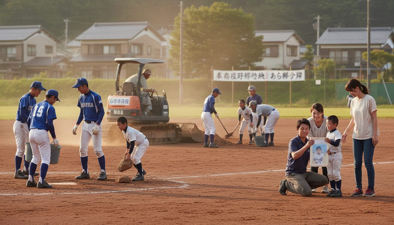 地域を巻き込む「共助」の仕組み：グラウンドは自分たちで作れるを表現した本文中盤のイメージ (生成AIによるイメージ)
