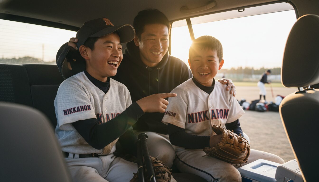 0対30で大敗の仁賀保ナインが見せた笑顔、スコア以上に親が褒めるべき『負けの作法』とは？をイメージした親子の野球シーン (生成AIによるイメージ)