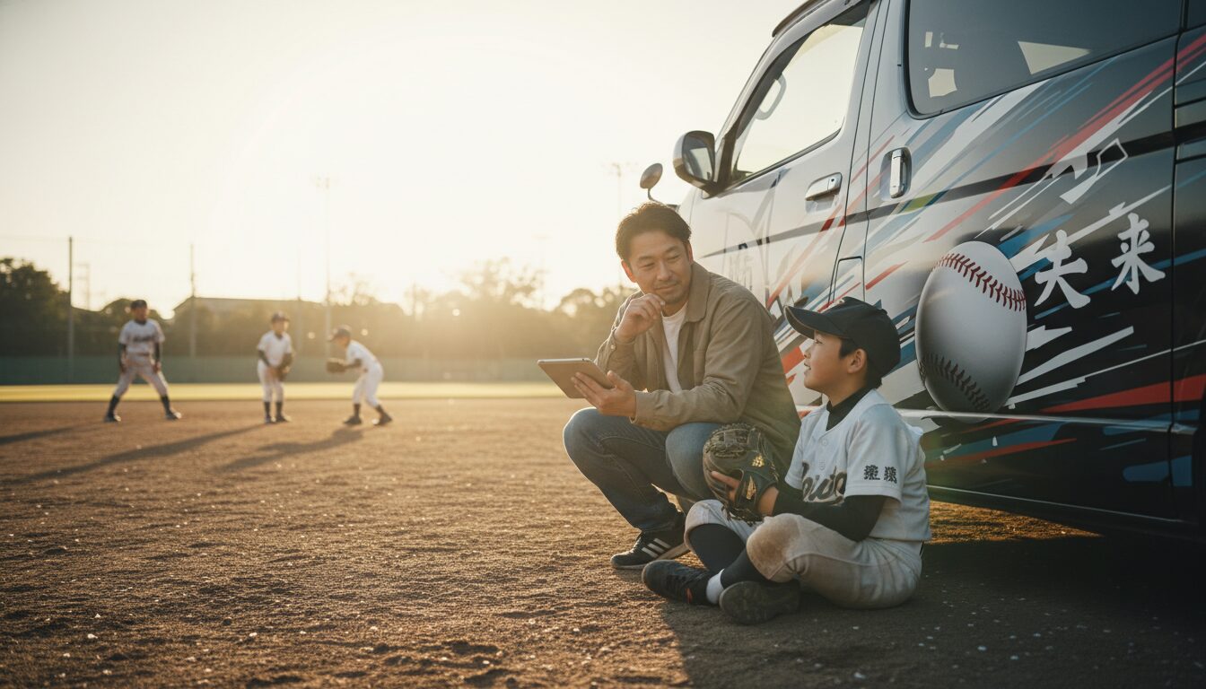 元巨人・重信慎之介氏の「カーラッピング会社設立」に学ぶ！少年野球パパが知るべき子供のキャリアと親の関わり方をイメージした親子の野球シーン (生成AIによるイメージ)