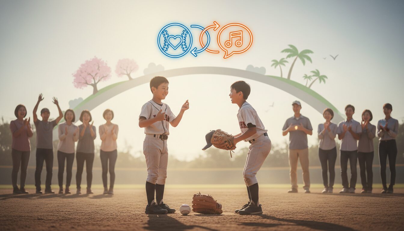 日本と台湾の少年野球交流戦に学ぶ！言葉が通じない相手との全力プレーが教える『野球の共通言語』の正体をイメージした親子の野球シーン (生成AIによるイメージ)