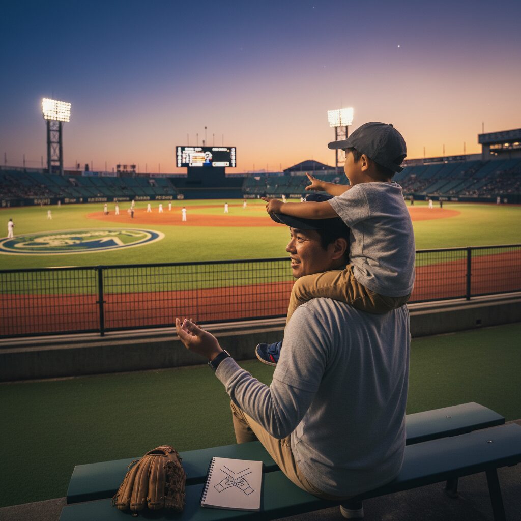 30年ぶりの富山球宴に学ぶ！地方でのプロ野球観戦を我が子の「最高の教材」に変える未経験パパの演出術をイメージした親子の野球シーン (生成AIによるイメージ)