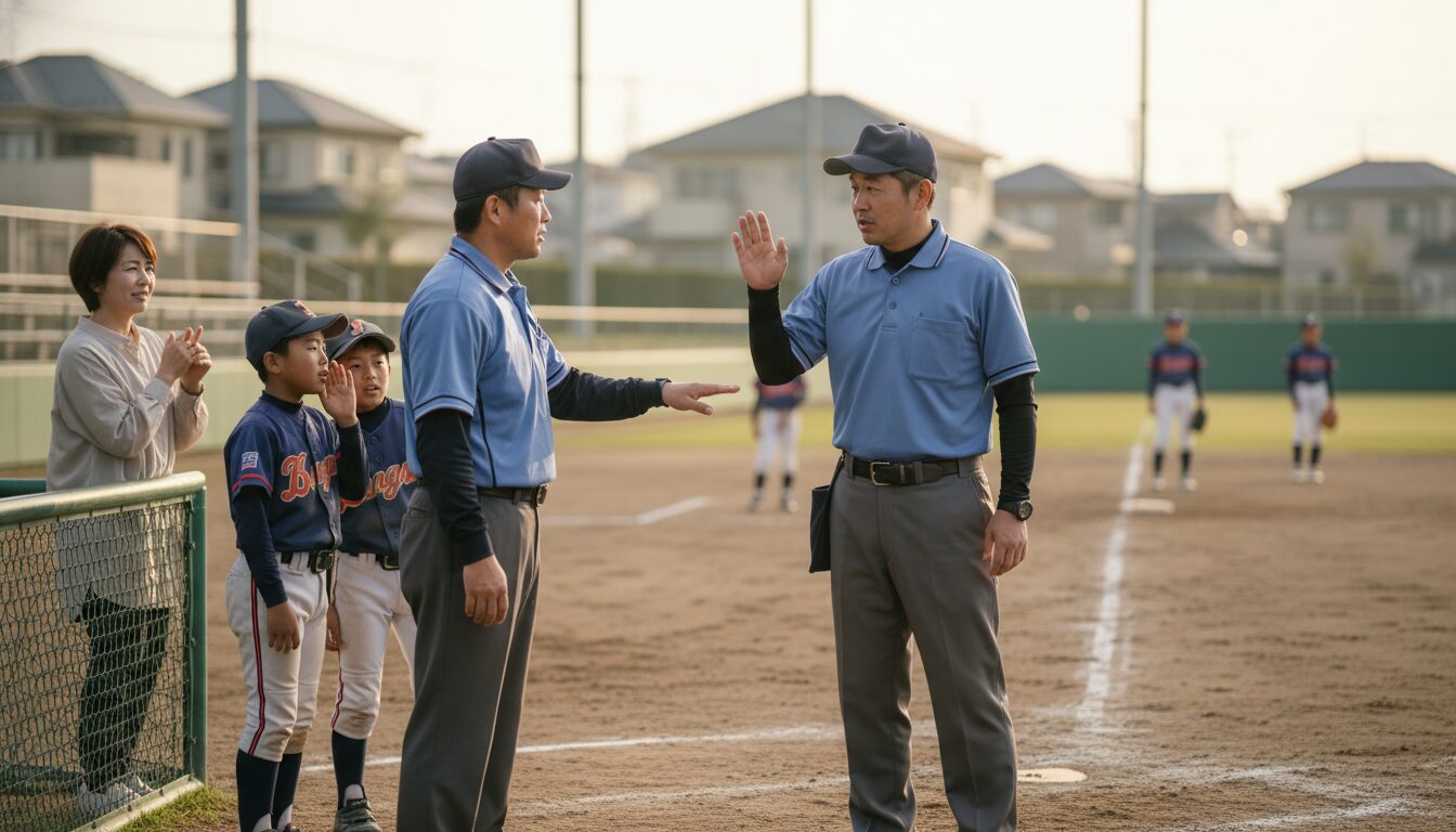子供の目は見ている！パパ審判がグラウンドで示すべき「教育者」としての背中を表現した本文中盤のイメージ (生成AIによるイメージ)