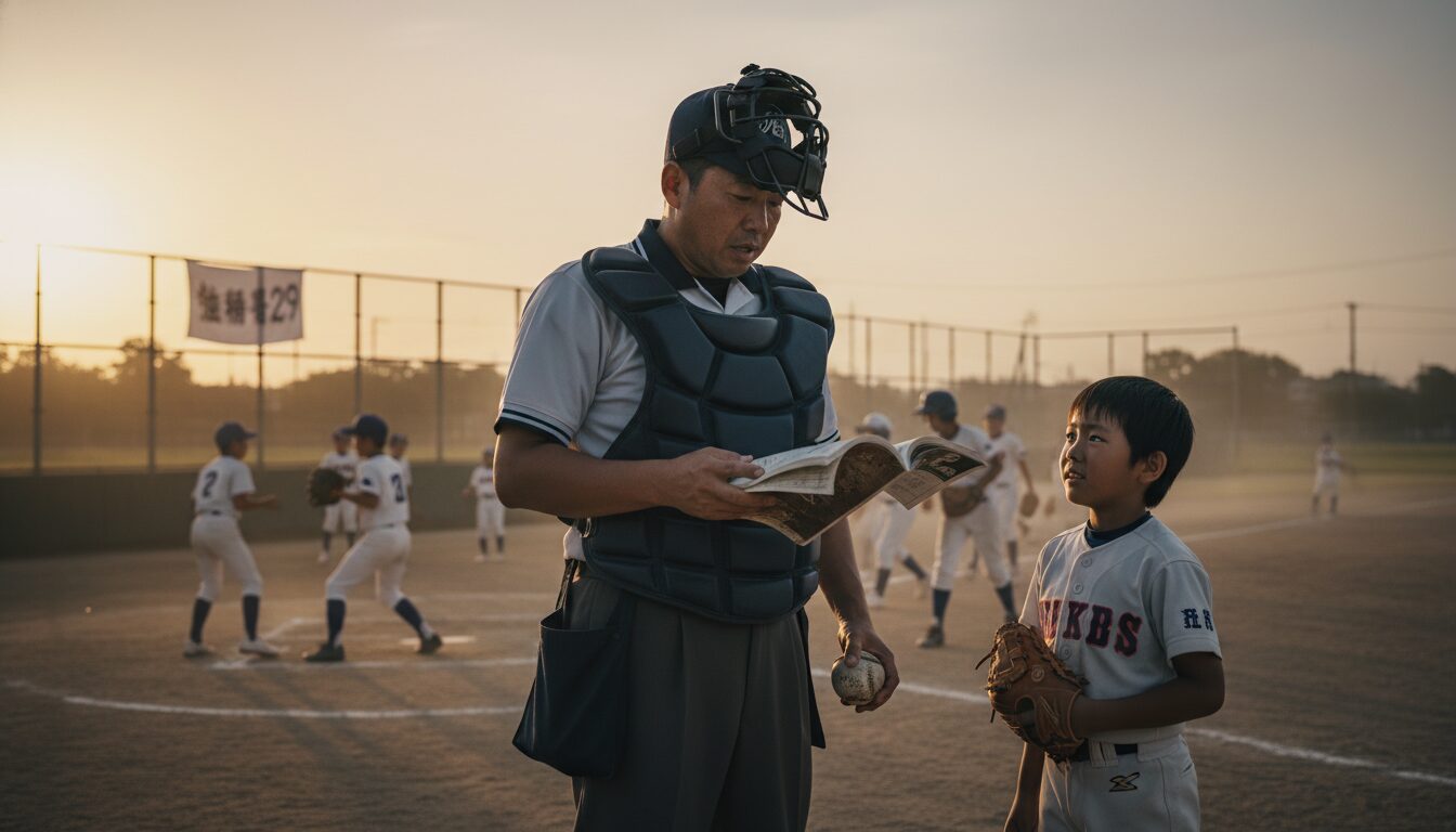 プロ野球「袖番号29」の絆に学ぶ！少年野球のパパ審判が子供に見せるべき『スポーツマンシップ』と失敗する勇気をイメージした親子の野球シーン (生成AIによるイメージ)