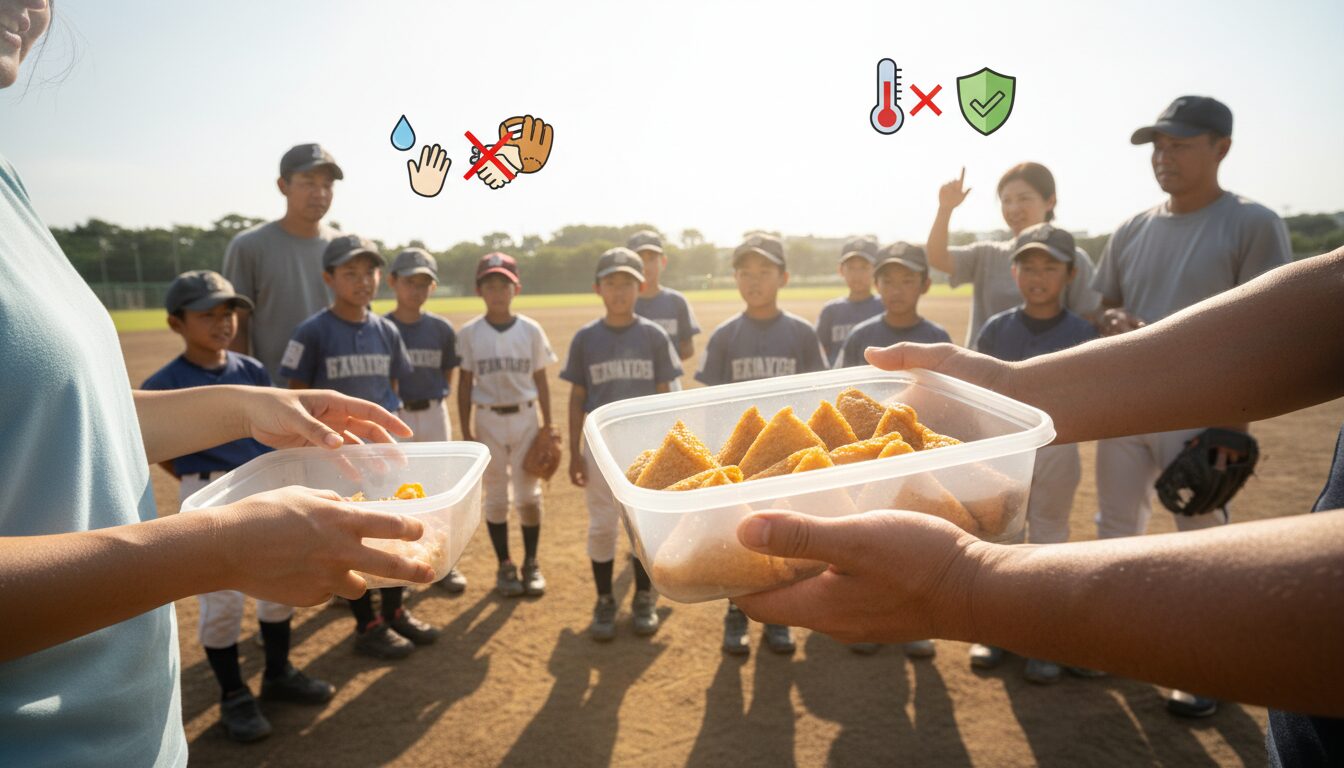 「炎天下のおいなりさん」事件に学ぶ。少年野球の過剰な奉仕と衛生観念のズレを「仕組み」で解決する未経験パパのチーム防衛術をイメージした親子の野球シーン (生成AIによるイメージ)