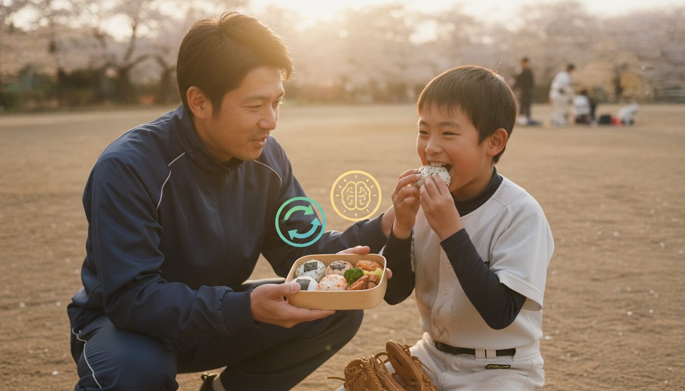 今日からできる！パパが仕掛ける「咀嚼（そしゃく）」メンタルトレーニングを表現した本文中盤のイメージ (生成AIによるイメージ)
