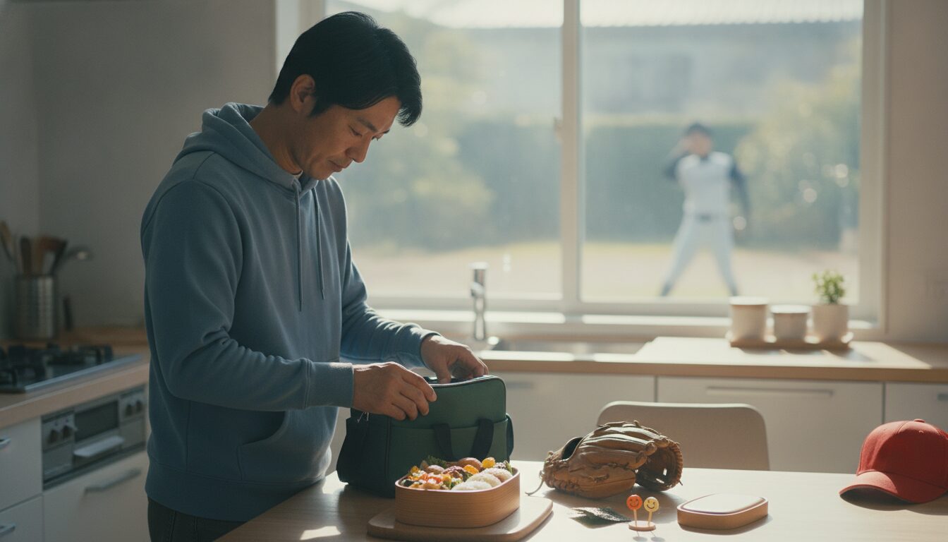 亜希さんの「野球弁当」に学ぶ！我が子の本番の強さを密かに引き出す未経験パパの『暗示』サポート術をイメージした親子の野球シーン (生成AIによるイメージ)