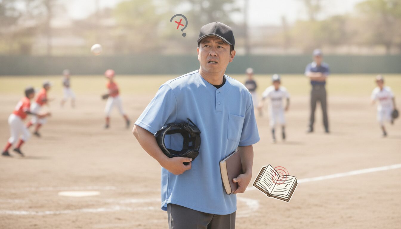 1. 少年野球の「パパ審判」はなぜ憂鬱なのか？未経験パパのリアルな葛藤を表現した本文前半のイメージ (生成AIによるイメージ)