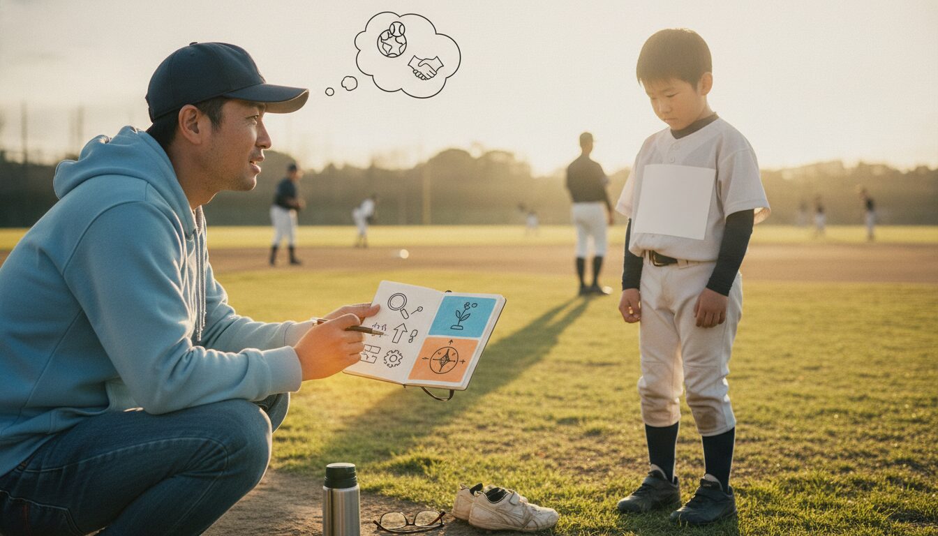 オランダ代表に選ばれた“中1”の快挙に学ぶ！体格差に悩む我が子に未経験パパが教えたい『日本野球の細かさ』と生き残り戦略をイメージした親子の野球シーン (生成AIによるイメージ)