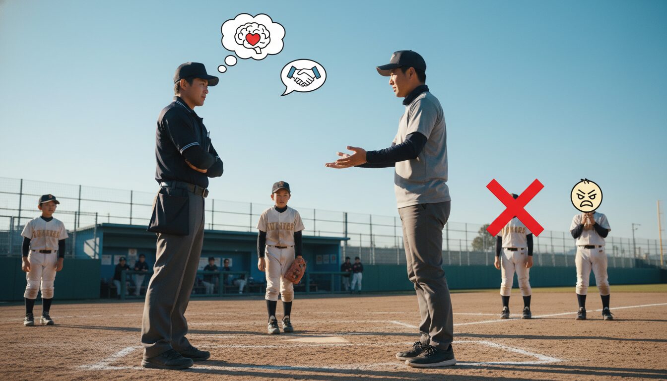 藤川監督の「覚悟の退場」に学ぶ！少年野球のパパコーチが感情を抑えて審判と対話する『抗議の作法』をイメージした親子の野球シーン (生成AIによるイメージ)