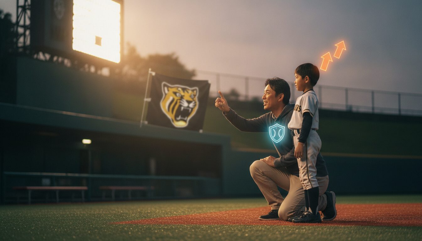 阪神タイガースジュニア募集開始！合格率数％の「記念受験」が我が子を劇的に変えるパパの仕掛けをイメージした親子の野球シーン (生成AIによるイメージ)