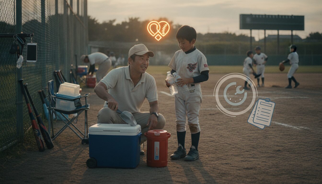 「高校野球の収入は米国の100分の1」に学ぶ！少年野球の「お茶当番・ボランティア依存」をスマートに変えるパパの運営設計をイメージした親子の野球シーン (生成AIによるイメージ)