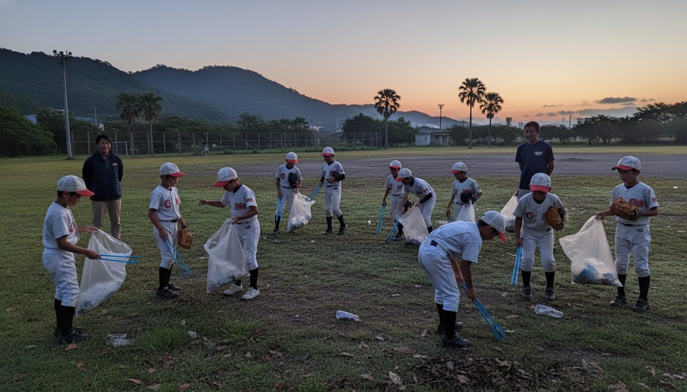 沖縄の強豪「金武ヴィクトリーキッズ」のゴミ拾い登校が教えてくれることを表現した本文前半のイメージ (生成AIによるイメージ)