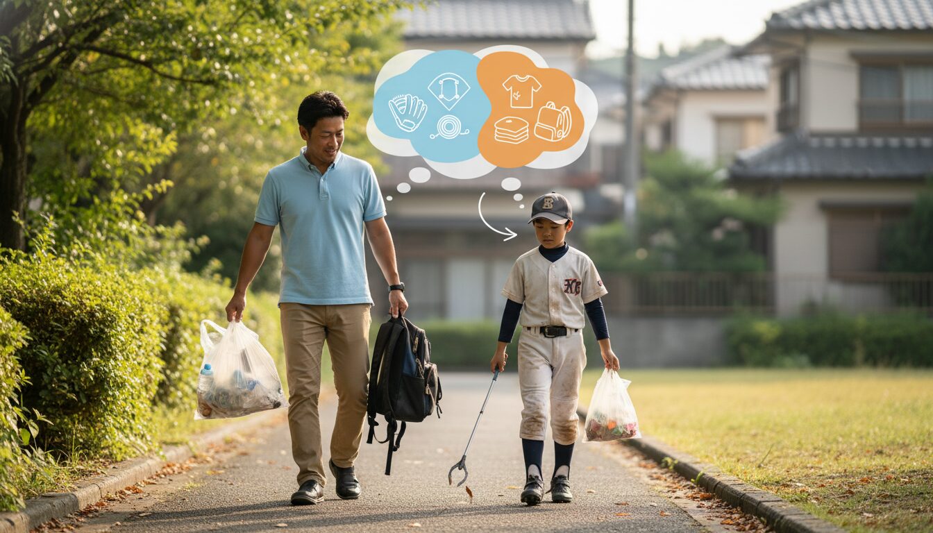 金武ヴィクトリーのゴミ拾い登校に学ぶ！少年野球の「グラウンド外の行動」を我が子の自律性に繋げるパパの日常サポートをイメージした親子の野球シーン (生成AIによるイメージ)