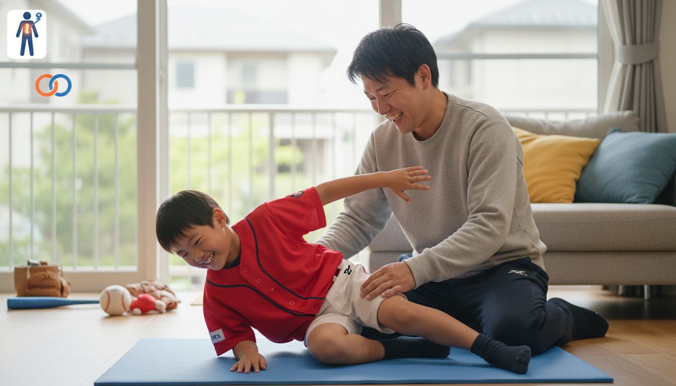 家を壊さず安全に！親子で楽しむ「自宅ドーム」体幹トレーニングメニューを表現した本文中盤のイメージ (生成AIによるイメージ)