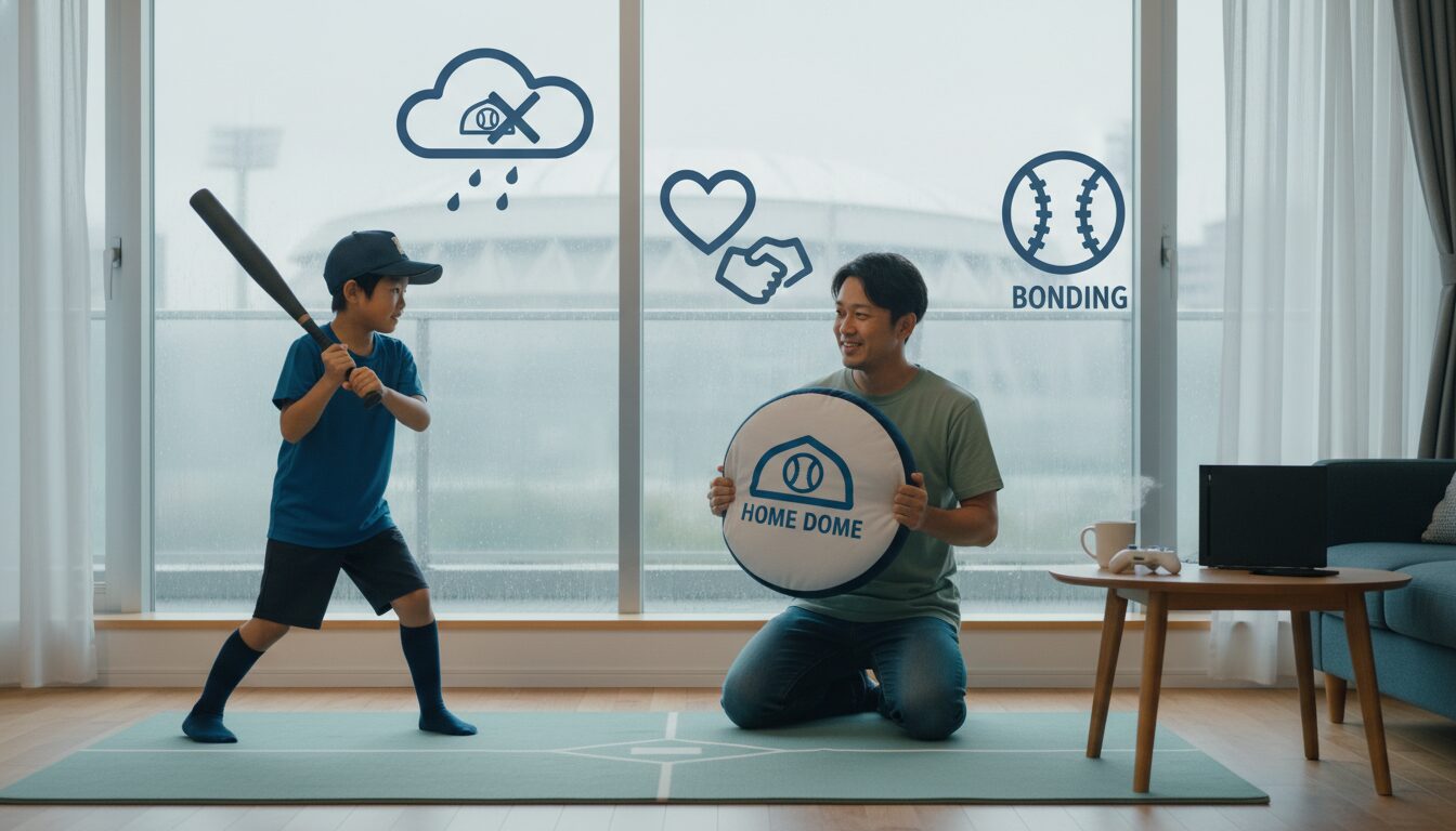ロッテ新球場ドーム化に学ぶ！少年野球の「雨天中止」をライバルに差をつける『自宅ドーム』に変える未経験パパの室内トレーニング術をイメージした親子の野球シーン (生成AIによるイメージ)