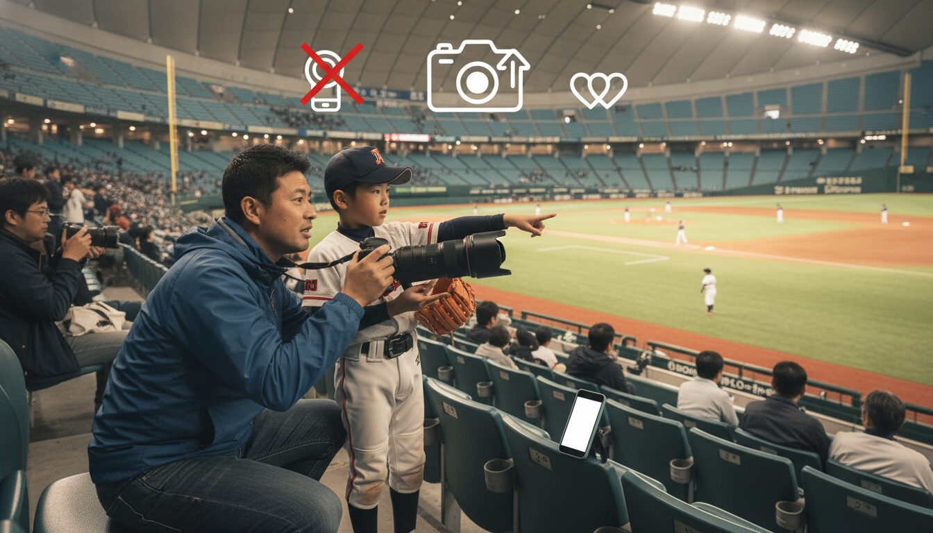 4. 一生モノの瞬間を逃さない！プロの球場で我が子を撮る「少年野球撮影の3原則」を表現した本文中盤のイメージ (生成AIによるイメージ)