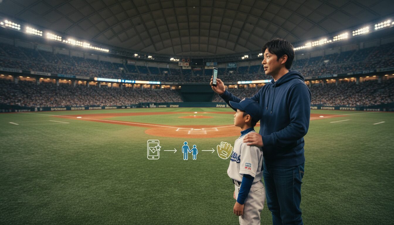「スタメンキッズ」当選確率を上げる!? メルカリデー応募の裏ワザと未経験パパが準備すべき『プロのグラウンド』攻略法をイメージした親子の野球シーン (生成AIによるイメージ)