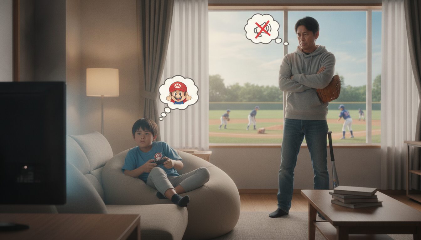 1. リビングの「マリオ」とグラウンドの「野球」、なぜ子供はゲームを選ぶのか？を表現した本文前半のイメージ (生成AIによるイメージ)
