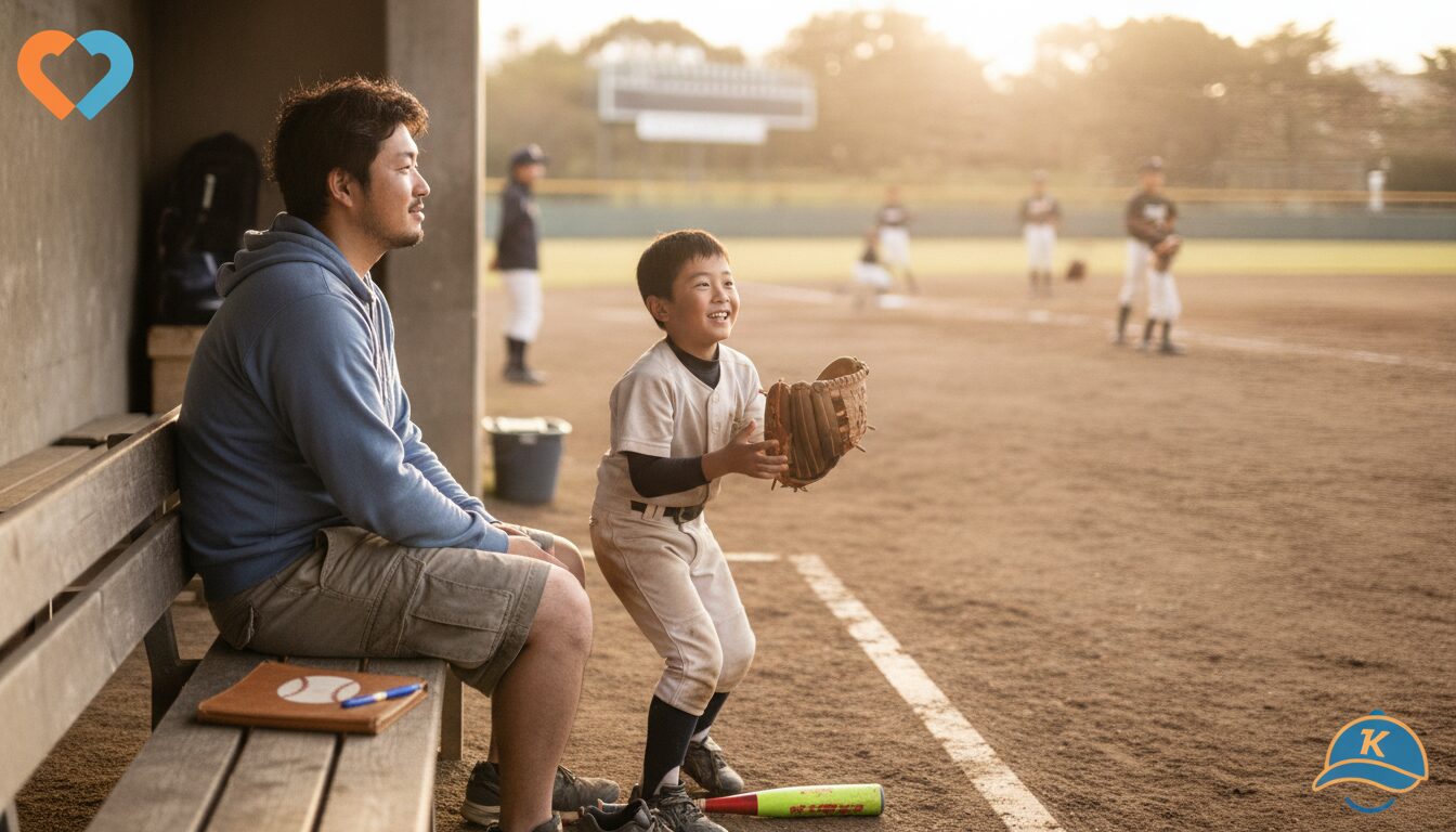「世界少年野球大会・成田大会」王貞治理事長に学ぶ！勝敗至上主義に疲れたパパへ贈る『野球本来の楽しさ』の原点をイメージした親子の野球シーン (生成AIによるイメージ)