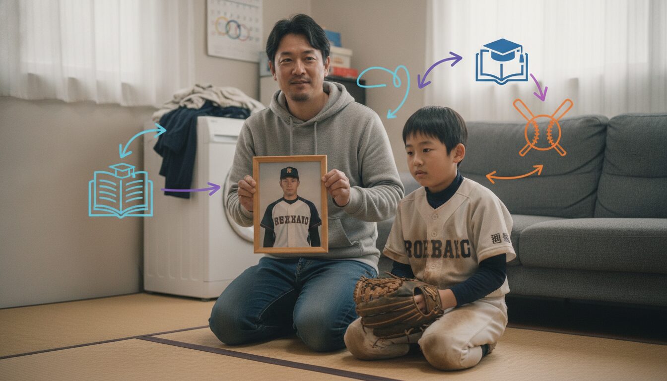 佐々木麟太郎の「日米逆輸入」に学ぶ！少年野球パパが知るべき『勉強と野球の二刀流』を現実にする進路戦略をイメージした親子の野球シーン (生成AIによるイメージ)