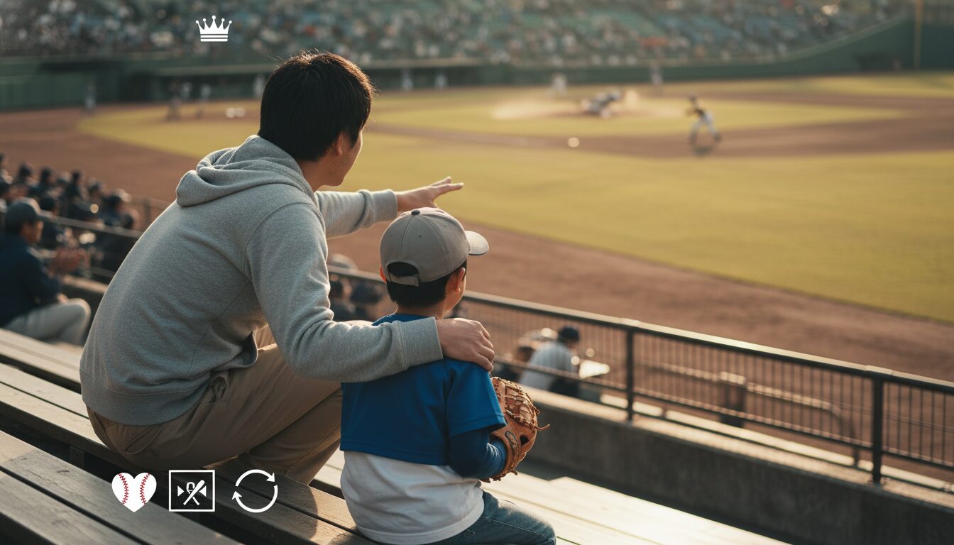 天皇陛下と愛子さまの早慶戦観戦に学ぶ！プロ野球にはない『学生野球の熱量』を我が子に翻訳する未経験パパの観戦術をイメージした親子の野球シーン (生成AIによるイメージ)