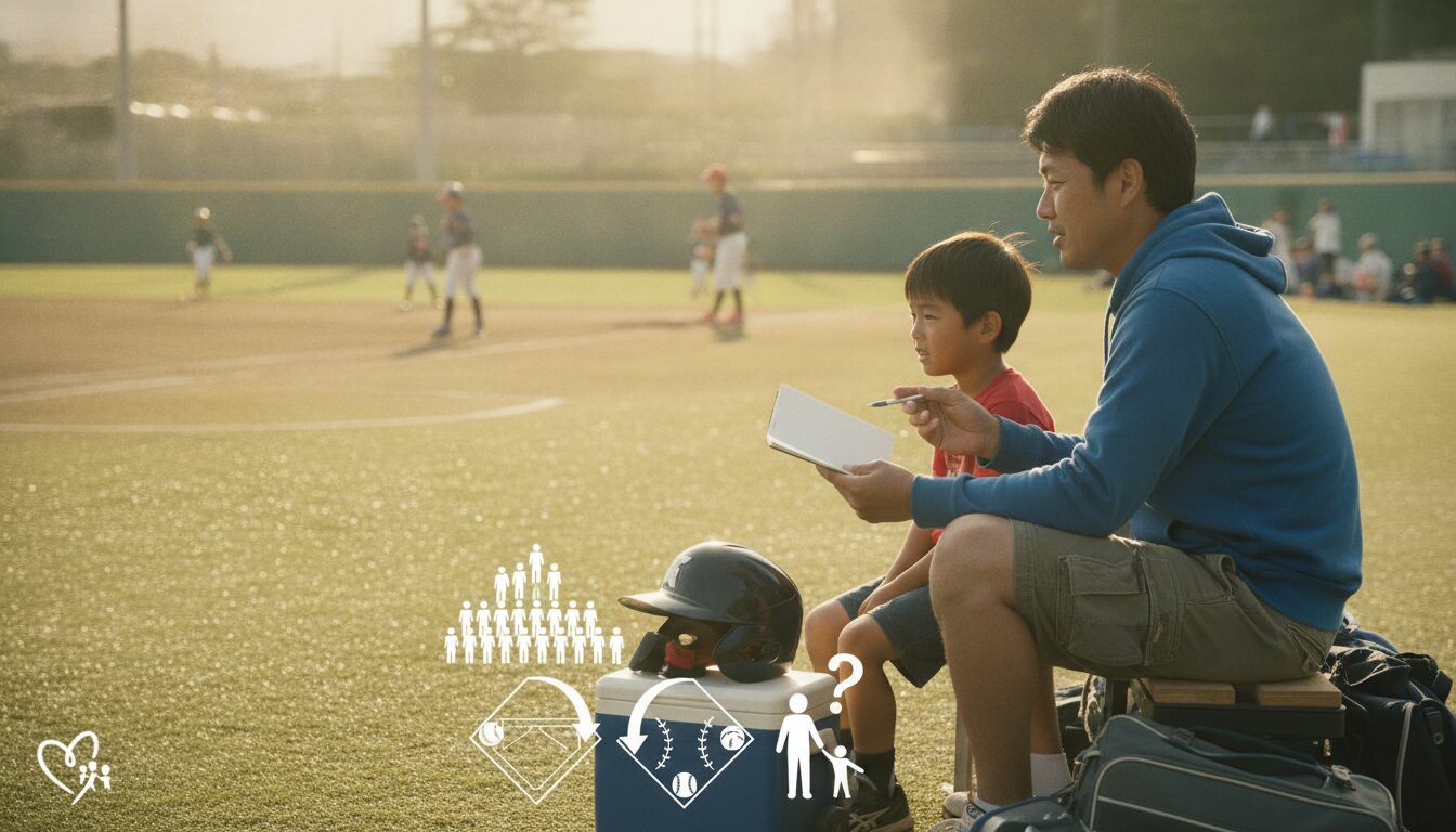 四谷学院の「甲子園優勝」宣言に学ぶ！少年野球の新設チーム選びと未経験パパの環境構築術をイメージした親子の野球シーン (生成AIによるイメージ)