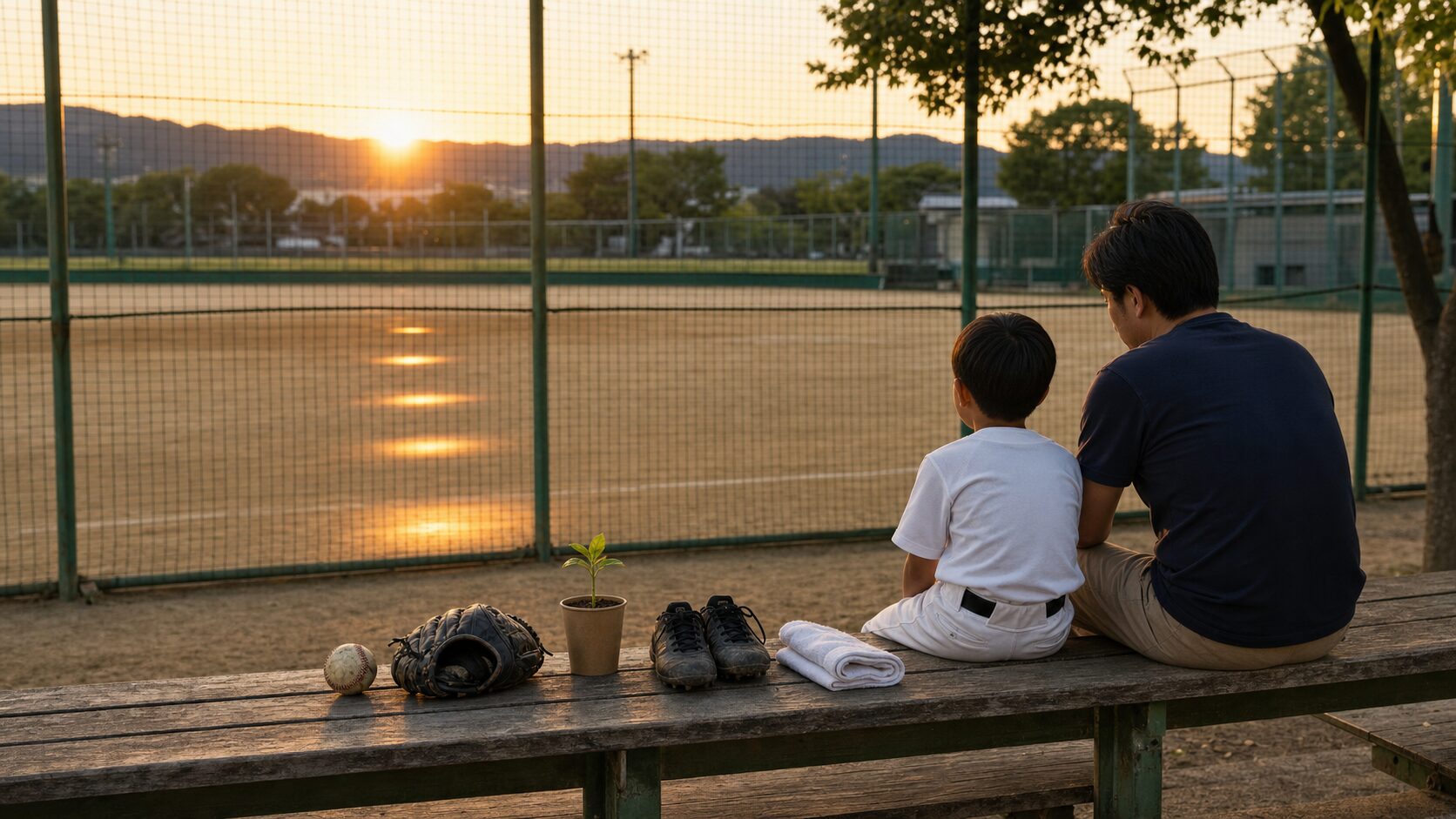 福山「就任100日」で初甲子園に学ぶ！結果を急ぐパパが待つべき子どもの5つの変化をイメージした親子の野球シーン (生成AIによるイメージ)