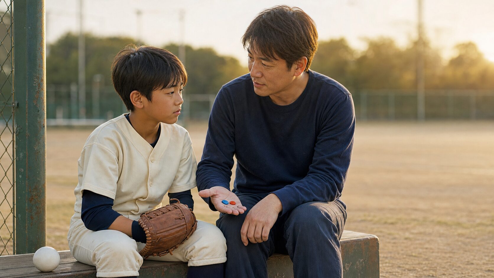 京都国際・西田櫂吏の「血マメでも投げたい」に学ぶ！我が子の“大丈夫”を確かめるパパの質問術をイメージした親子の野球シーン (生成AIによるイメージ)