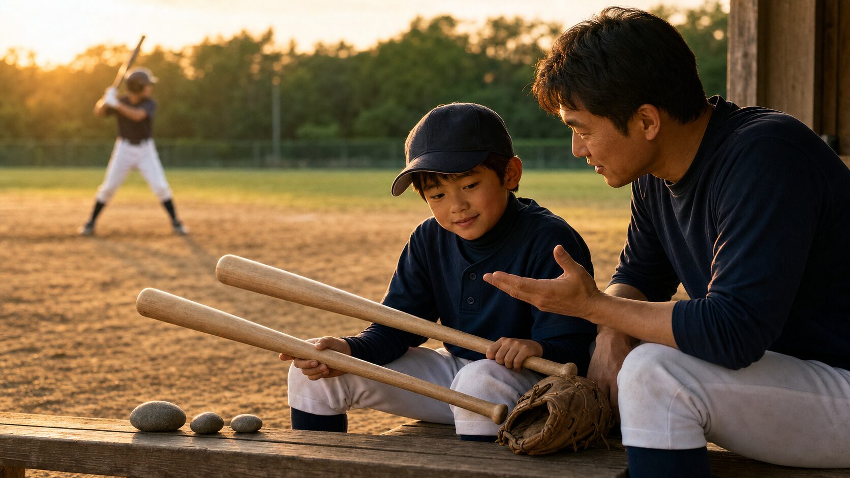 関東第一「先輩と同じでは勝てない」に学ぶ！強い型をまねる我が子の武器を引き出すパパの質問術をイメージした親子の野球シーン (生成AIによるイメージ)