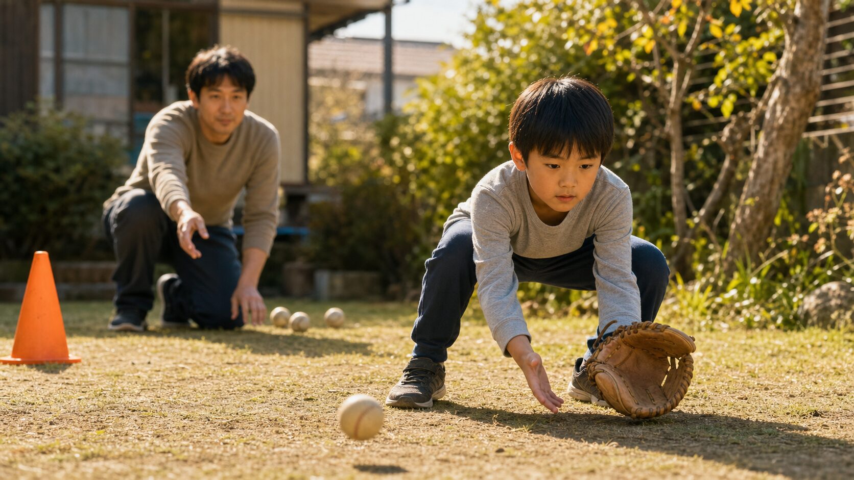家庭でできる「間合い捕球」の見守り方——親の役割は、ボールを転がしながら見守ることを表現した本文中盤のイメージ (生成AIによるイメージ)
