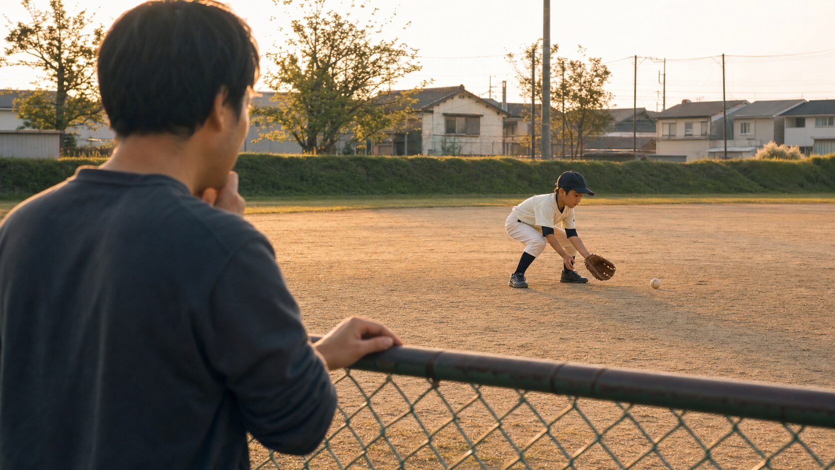 低学年の「間合い捕球」に学ぶ！“無駄な動き”を口出しせず見守るパパの我慢術をイメージした親子の野球シーン (生成AIによるイメージ)