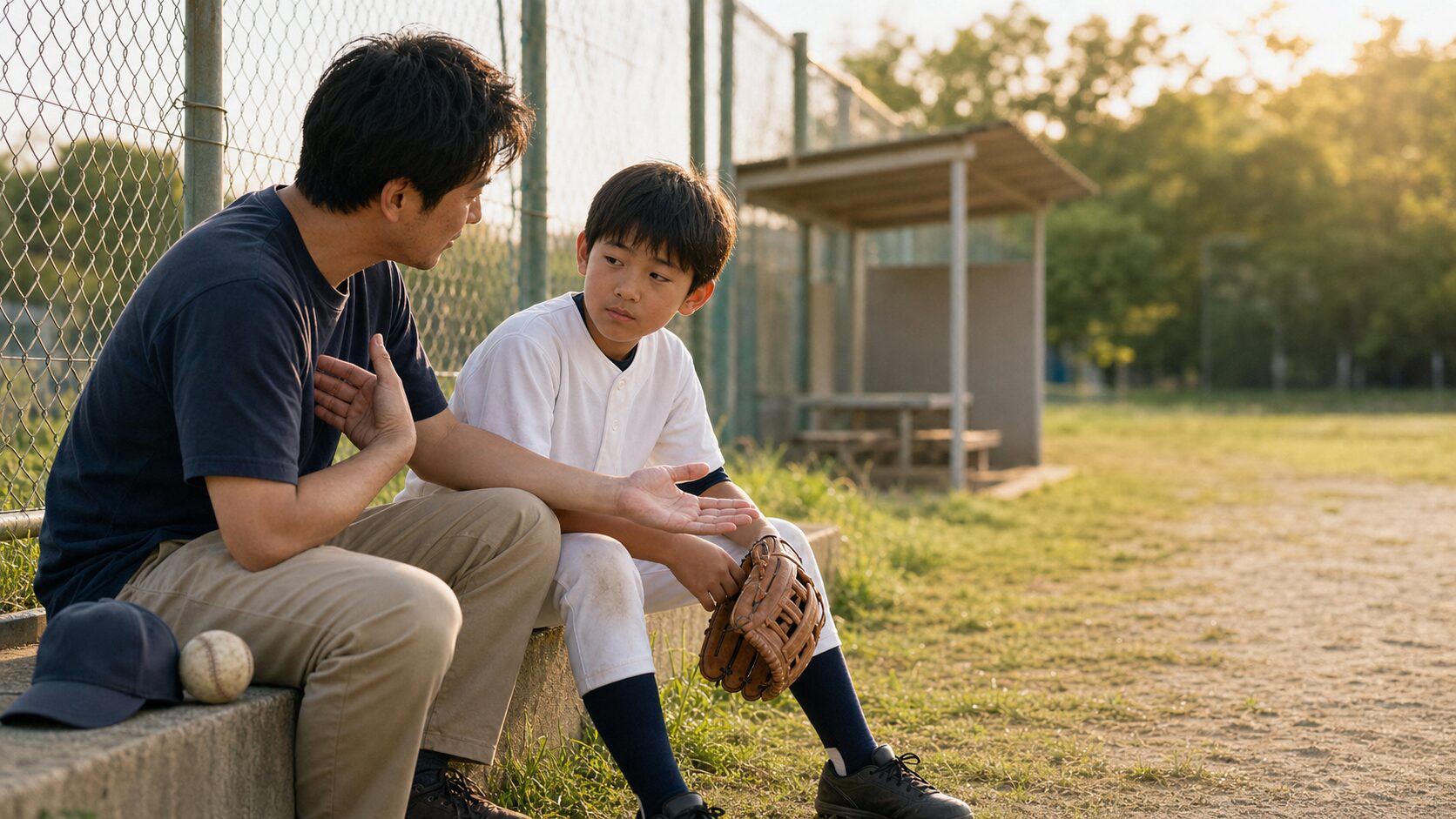 試合直後・翌日・次の練習――復活を待つ3段階の声かけを表現した本文中盤のイメージ (生成AIによるイメージ)