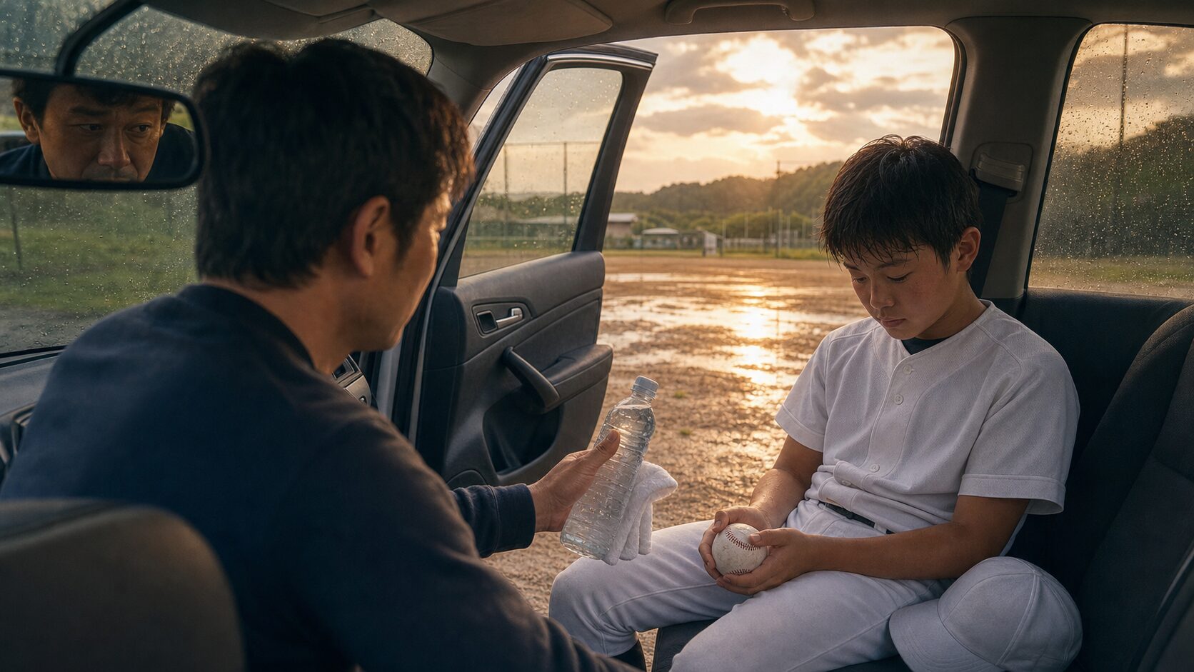 花巻東・萬谷堅心「春は8失点、夏は94球完封」に学ぶ！大崩れした我が子の復活をパパはどう待つ？をイメージした親子の野球シーン (生成AIによるイメージ)