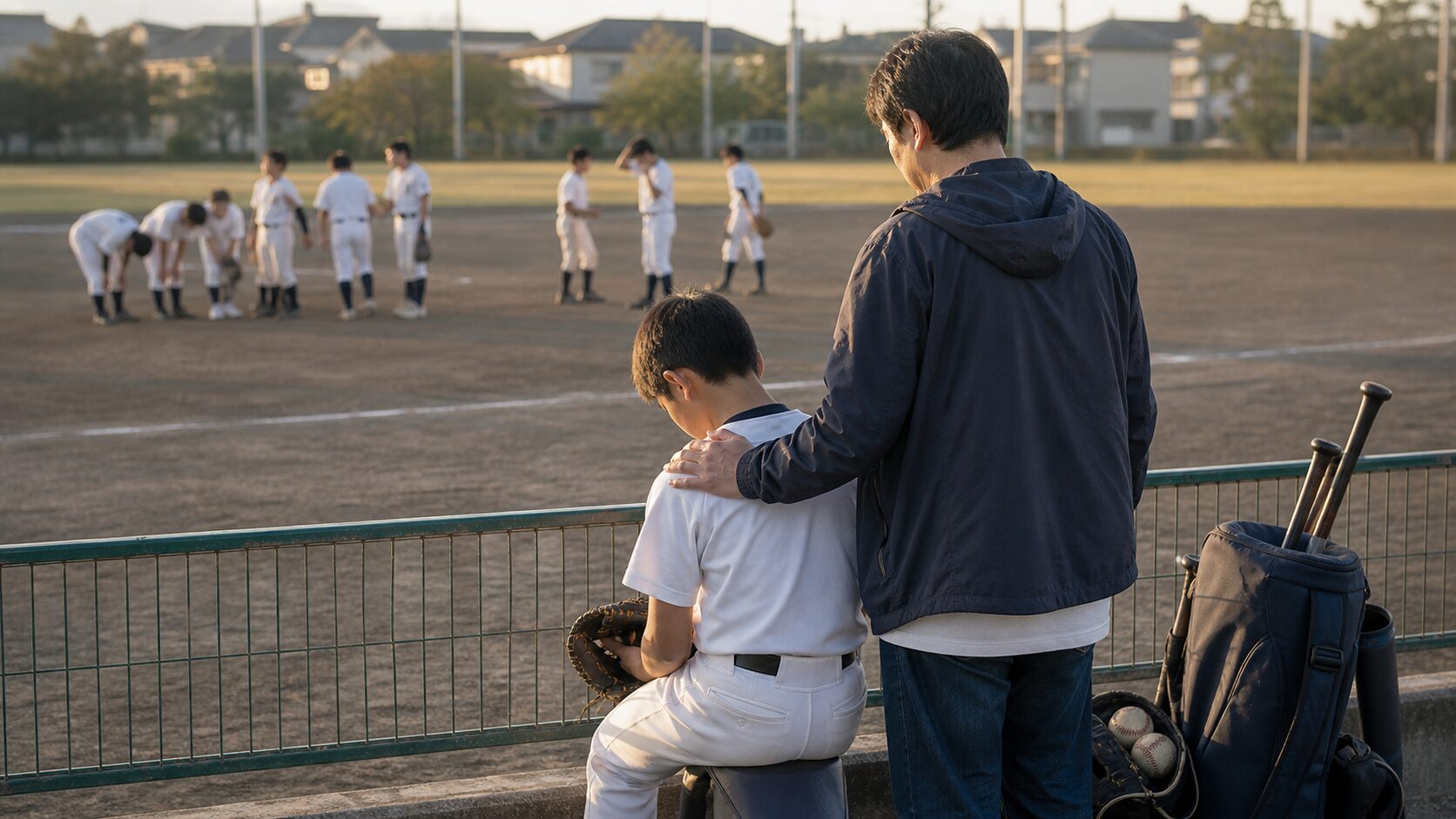 明桜の初戦敗退は、なぜ少年野球パパに関係あるのかを表現した本文前半のイメージ (生成AIによるイメージ)