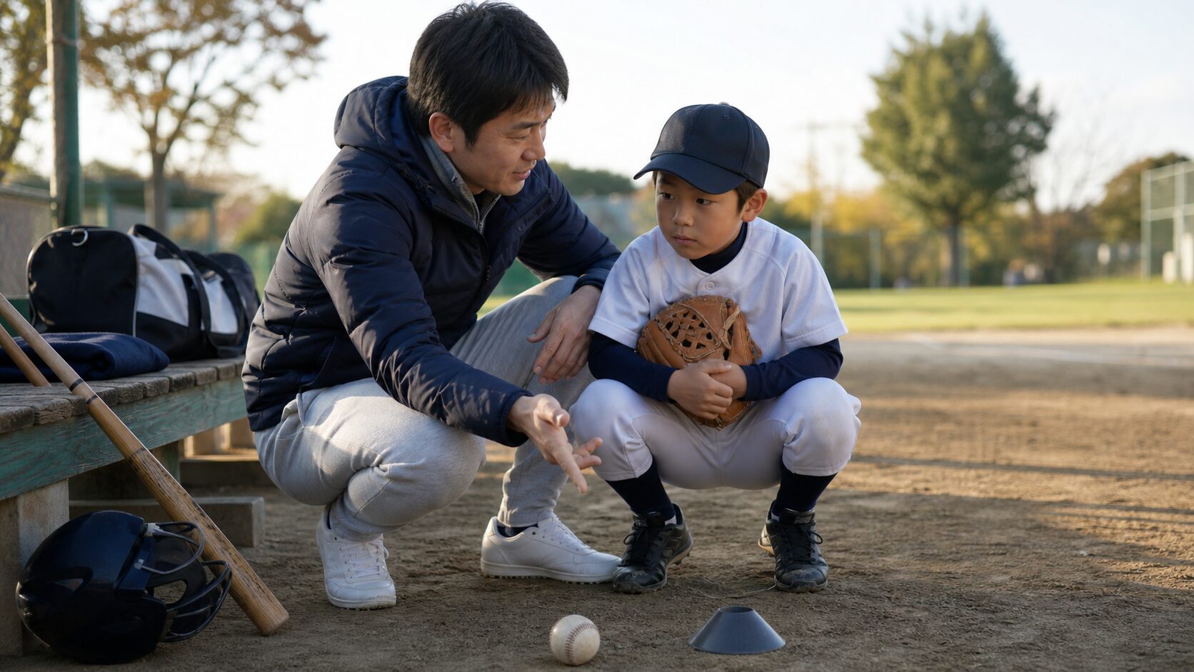 少年野球の家庭で使える、期待を下ろす声かけを表現した本文中盤のイメージ (生成AIによるイメージ)